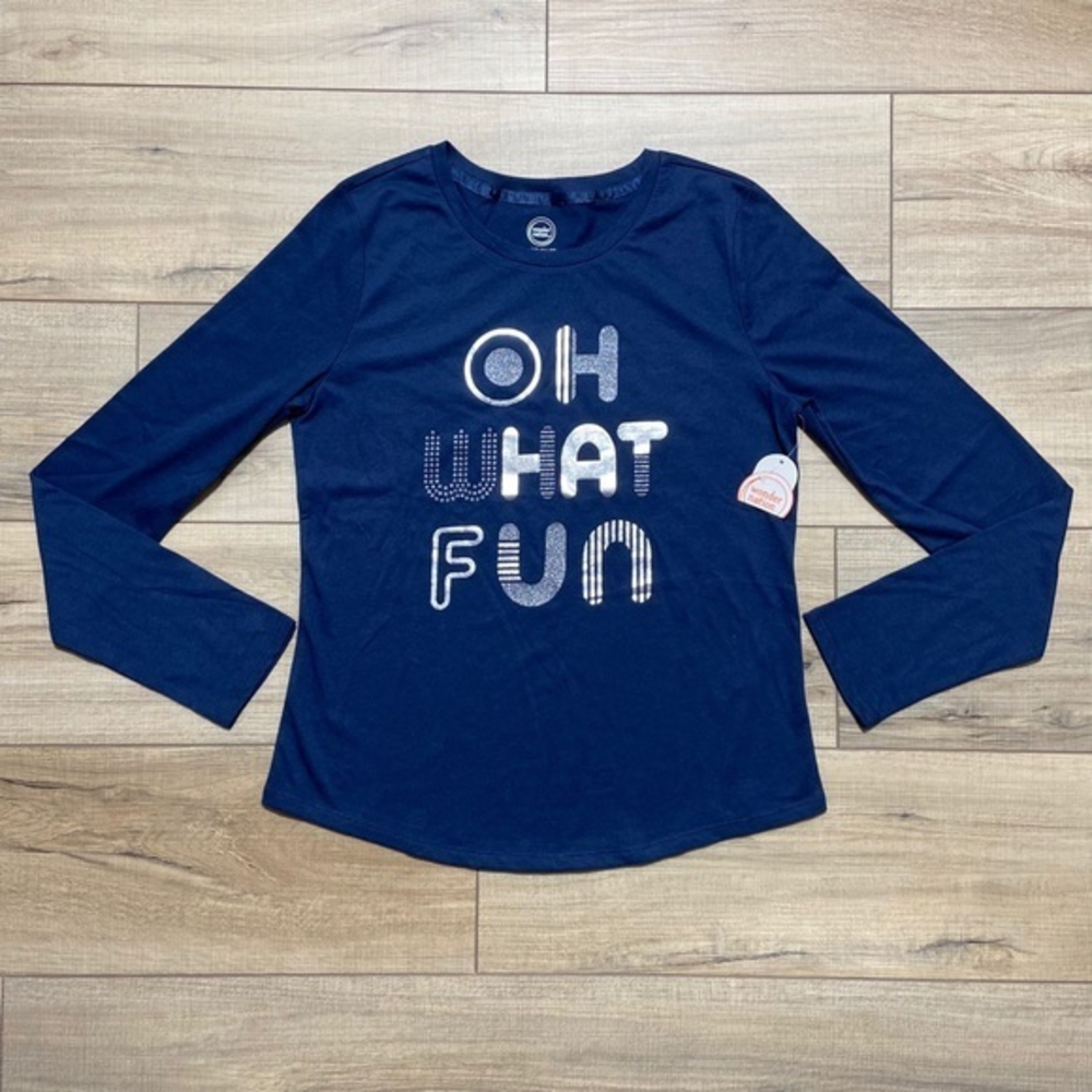 Wonder Nation Oh What Fun Long Sleeve Tee Girls Size‎ 14/16 XL Navy Blue